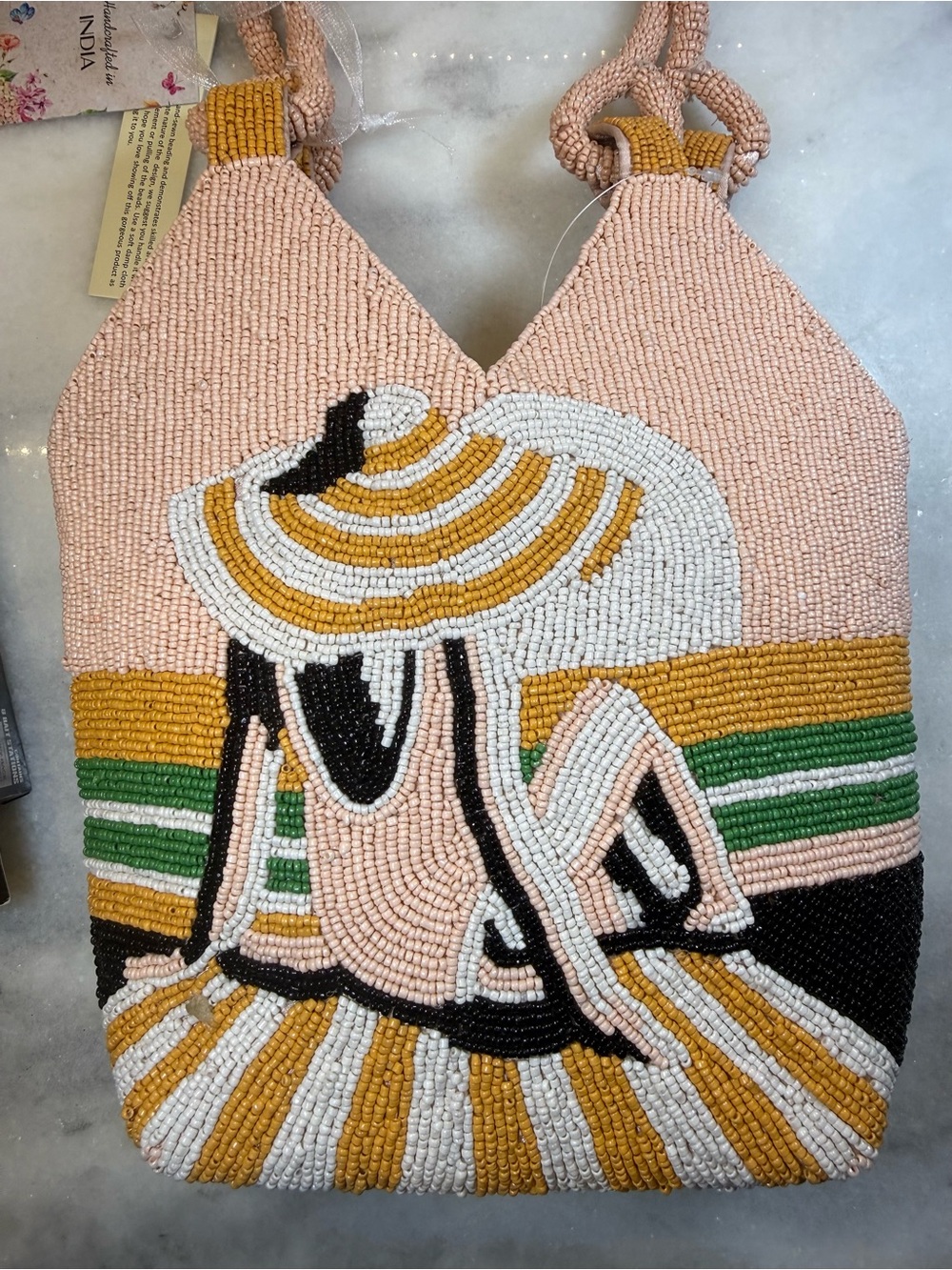 New Release Handcrafted in India Pink Woman Beach Scene Beaded Bag Viral TikTok - Picture 5 of 6